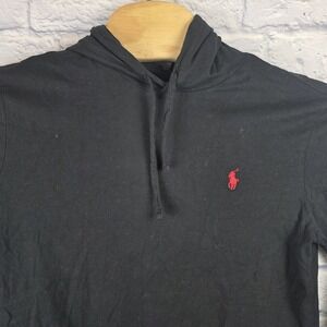 Polo Ralph Lauren Men Lightweight Hoodie Black Cotton Red Logo Pullover Medium